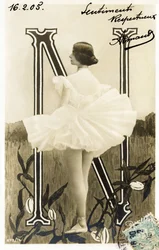 N : Cleopatre Diane de Merode, kallad Cleo de Merode , dansare från la Belle Epoque, utbildad vid Opera de Paris - Theatre des Folies Bergere , Paris - Alfabetet på vykort