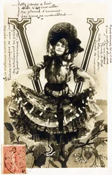 V: Mariette Sully, belgisk sopran från Belle Epoque - Teatrar: Bouffes Parisiennes, Menus Plaisirs, Gaite, Paris - Alfabetet i vykort