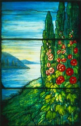 Sjöscen med blommande stockrosor (glasmålning)