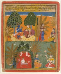 Krishna och Radha med sina förtrogna: Sida från en Dispersed Gita Govinda, ca. 1655-60.