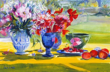 Midsommarblommor på ett trädgårdsbord, 1993