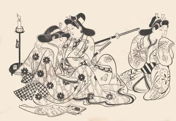Samurajer och kurtisan sitter, en tjänare bredvid dem, ca. 1685., ca. 1685.