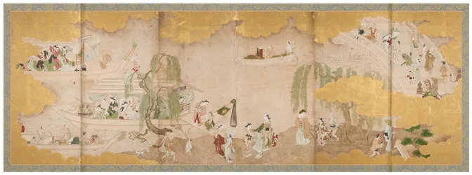 Picknick under körsbärsblommor och
Boating on the River, mitten av 1700-talet (Par skärmar med sex paneler; bläck, färg och guld
på papper)