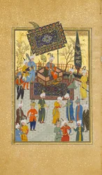 Khusrau sittande på sin tron, Folio 64 från en Khamsa Quintet of Nizami, A.H. 931A.D. 1524-25. Skapare: Sultan Muhammad Nur, Mahmud Muzahhib, Shaikh Zada.