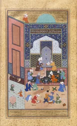 En natt med Majnun i skolan, han har 129 från en fem quantum af Nizami, AH. 931 AD 1524-25. Kratrar: Sultan Muhammad Nour, Mahmoud Madhab, Sheikh Zadeh.
