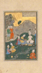 Alexander på en bankett, Folio från en Khamsa Quintet of Nizami, daterad A.H. 931A.D. 1524-25.