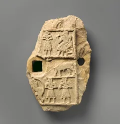 Reliefplakett med en bankettscen, ca 2600–2500 f.Kr. (gipsalbaster)