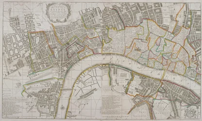 Karta över Westminster, London City, Southwark och omgivande områden, 1739