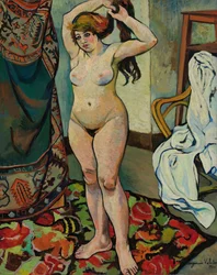 Gilbert naken medan hon ordnar sitt hår, 1920