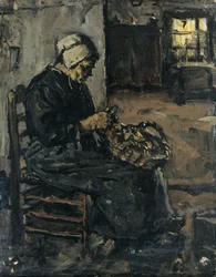 Bondekvinna skalar potatis