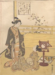 En tonårspojke och flicka med en tittare för en optisk bild Nozoki-karakuri, Kobo Da..., ca. 1788.