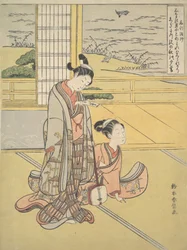 A Young Man and Woman with a Shamisen, Monk Saigyo, från en serie som anspelar på The Thre..., ca. 1768.