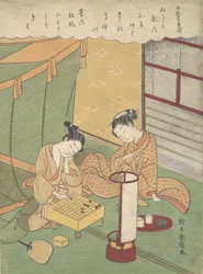 En ung kvinna och man som spelar Shogi japanskt schack, Chunagon Kanesuke, från en ser..., ca. 1767-69.