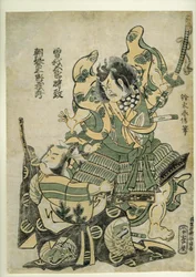 Asaina Saburo Yoshihide drar rustningen från Soga no Goro, c.1777 (träblocktryck)