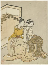 Kalendertryck för Meiwa 2 and a Mitate of Emperor Xuanzong and Yang Guifei, 1765