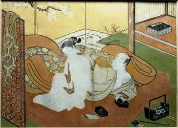 Älskande par liggande i en interiör med skärm, Nishiki-e-tryck av Suzuki Harunobu (1725-omkring 1770), omkring 1765. 20,6 x 27,8 cm, privat samling