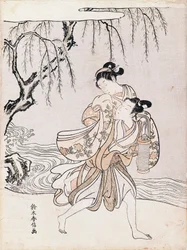 Par på stranden av floden, av Suzuki Harunobu (1725-1770), bläck och färger, Japan, japansk civilisation, Edo-perioden