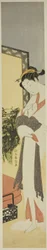 Courtesan står vid skärm och säng