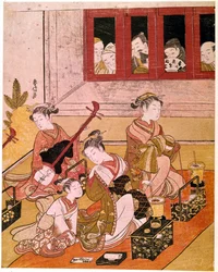 Kurtisaner som spelar musik, utsatta för voyeurernas blickar. Japanskt tryck av Suzuki Harunobu (1725-1770). Omkring 1769. Mått: 0,27 x 0,21 m. Paris, Guimetmuseet, Nationella museet för asiatisk konst