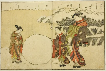 Dubbelsidig illustration från Vol. 1 av "Picture Book of Spring Brocades (Ehon haru no nishiki)"