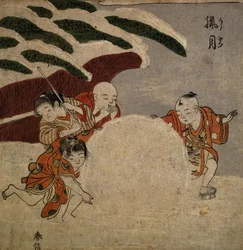 Fyra pojkar gör en snöboll, ca 1768 (träblock i färg)