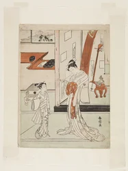 Geisha and Attendant (trätryck i färg)