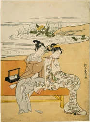 Älskande som spelar samma spel (parodi på Xuanzong och Yang Guifei), ca 1767 (träsnitt i färg; chuban)