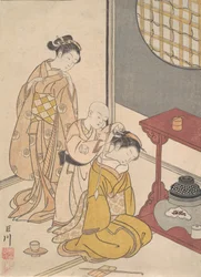 Night Rain at the Double-Shelf Stand, från serien Eight Parlour Views Zashiki hakk..., ca. 1766.