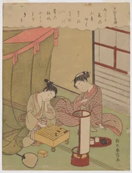 Oiran och en ung man som spelar shogi en sommarkväll i Yoshiwara