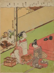 Oiran som röker pipa och hennes slumrande tjänarinna