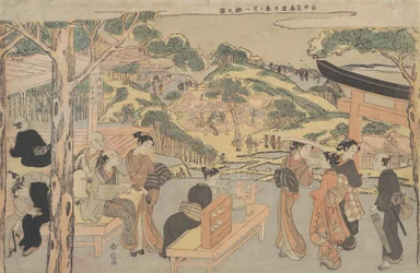 Utsikt över Kagiya Teahouse vid Kasamori Shrine i Yanaka, ca. 1768., ca. 1768