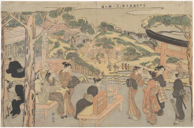 Osen från tehuset Kagiya vid Kasamori-helgedomen med utsikt över Nippori i Yanaka