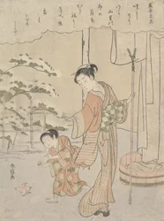 Dikt av Fujiwara no Motozane ca. 860 från serien Trettiosex poeter, ca. 1768., ca. 1768.