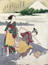 Saltjungfrur på Tago-no-ura-stranden med Fuji bakom sig (träsnitt i färg)