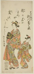 Skådespelaren Segawa Kikunojo II som kurtisan Umegae i pjäsen "Hiragana Seisuiki", uppfördes på Ichimura-teatern den första månaden, 1764