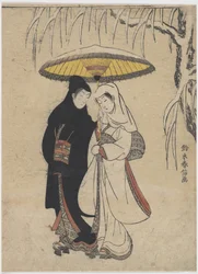 The Oriental Arts: Young Lovers Walking Together under an Paraply in a Snow Storm par Harunobu, Suzuki (1724-1770), ca 1769. Färgträsnitt, 25,7x19,1. Privat samling
