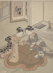 Två unga kvinnor som sitter vid en Kotatsu lekande kattvagga, ca. 1765., ca. 1765.