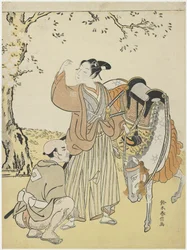 Unga samurajer som ser körsbärsblommor som en mildring av prins Kaoru, ca. 1767