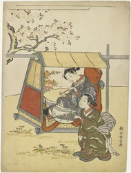 Ung kvinna som tittar på körsbärsblommor som Mitate av Lady Nakanokimi, ca 1767