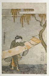 Ung kvinna som sköter en kakemono fäster vid ett träd. Japanskt tryck av Harunobu Suzuki (1725-1770)