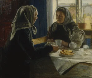 Två kvinnor som dricker kaffe (olja på duk)