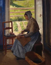 Woman Carding (olja på duk)