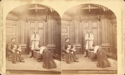 Babys Death, Swedish Section, från Utställningens titel: Scener i svenskarnas hemliv, Utställning #na, Huvudutställningsbyggnaden, Byggnaden, 1876 (stereoskopiskt tryck)