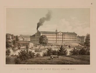 Bomullsbruk, Strömsbro, Sverige, ca 1840 (färg litho)