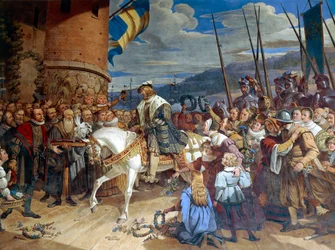 Gustav I Eriksson Vasa, Sveriges kung, välkomnades triumferande i Uppsala