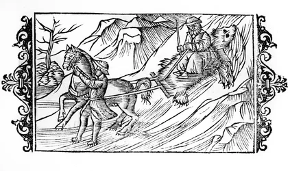 Häst som släpar på snön ett björnskinn på vilket en finska sitter - i "" De Gentibus septentrionalibus"" av ärkebiskopen Olaus Magnus, Sverige
