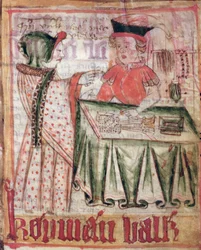 Interiör av en butik, ur Magnus Erikssons (1319-64) landslagar, ca 1450