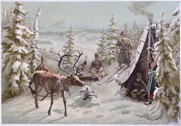 Nordsverige: höstflytt i Lappland runt Luleå, sent 1800-tal (färgad litho)