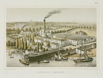 Textilfabrik, Carlsviks, Stockholm, Sverige, ca 1840 (färg litho)