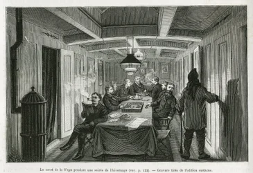 La Vegas torg, under en vinterkväll, och besättningens aktiviteter: läsning, schack och backgammonspel, samt likörprovning. Gravyr från den svenska upplagan, för att illustrera historien "" Voyage de la Vega runt Asien och Europa", av Ni